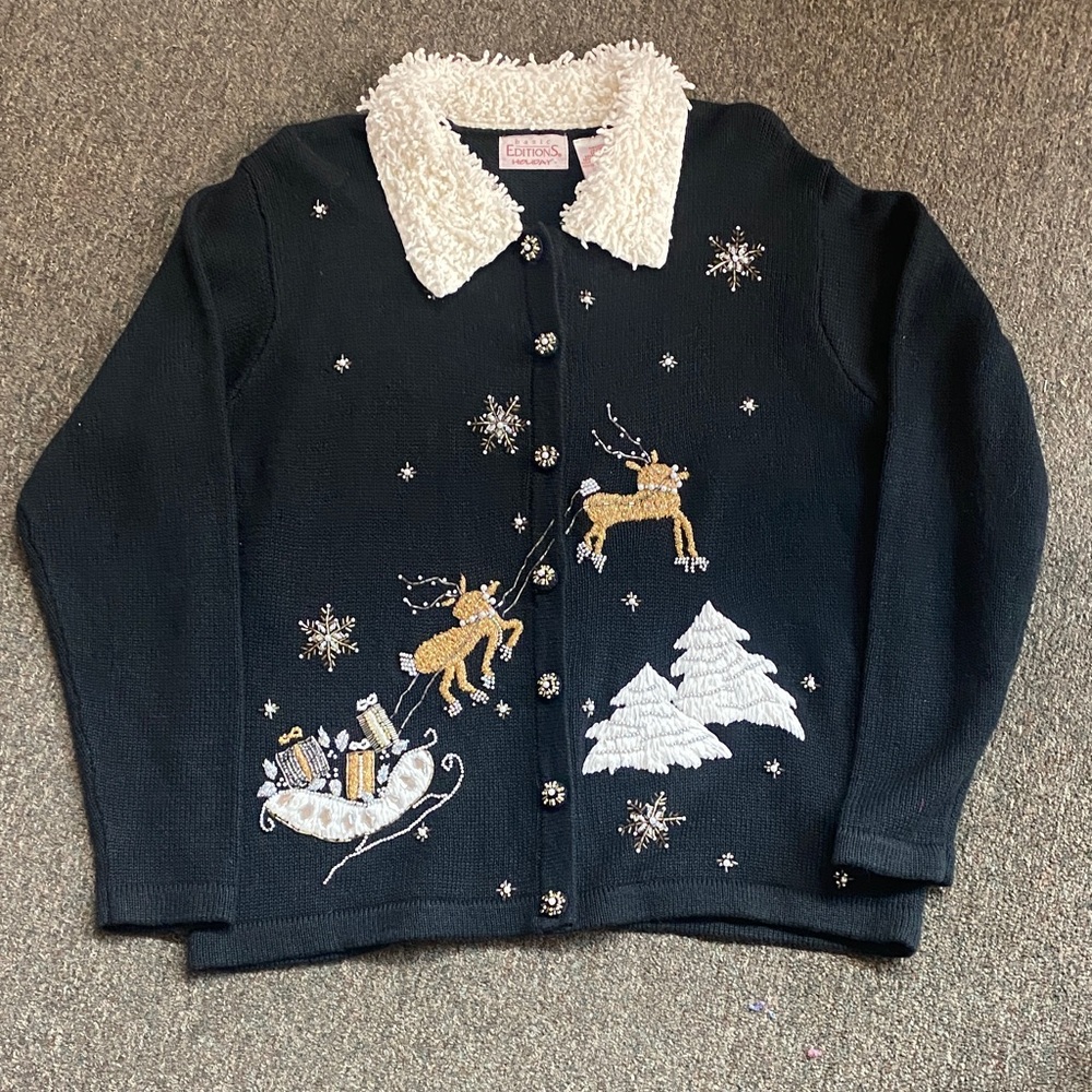 Vintage Black Holiday Sweater with Reindeer Design